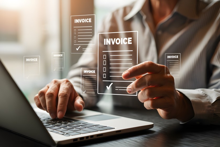 A person types on a laptop with a hologram of invoices floating above the laptop.