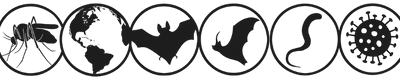 Five circles in a horizontal line, each one with a 2-D image inside. From left to right, the circles display a mosquito, a globe, a bat frontal view of a flying bat, a side view of a flying bat, a worm and a microbe.
