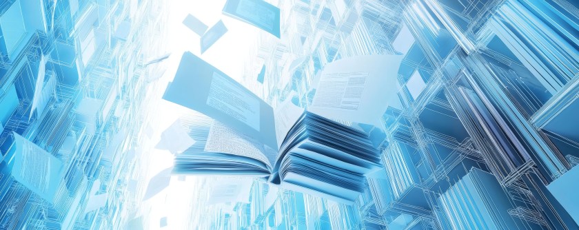 Digital wireframe illustration of a scientific journal and documents in a virtual futuristic archive. Represents modern technology, data management, and research in a virtual environment.