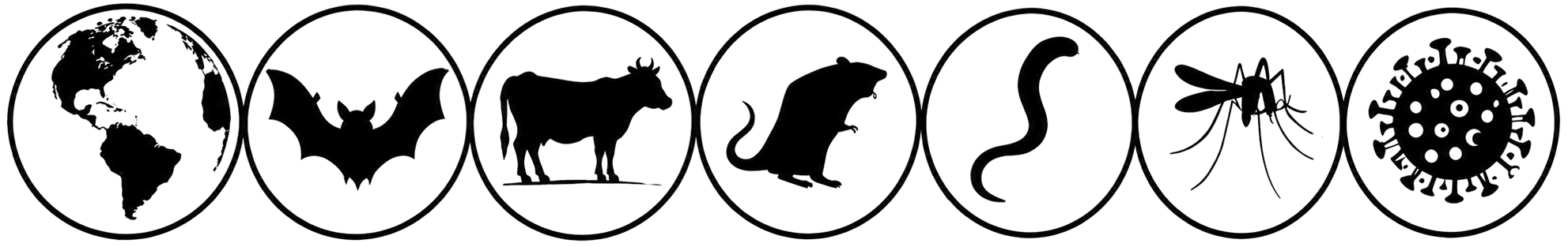 Seven circles in a horizontal line, each one with a 2-D image inside. From left to right, the circles display a globe, a bat with its wings spread in flight, a side profile of a cow standing, a side profile of a rat on its hind legs, a side profile of a worn, a side profile of a mosquito and a microbe.